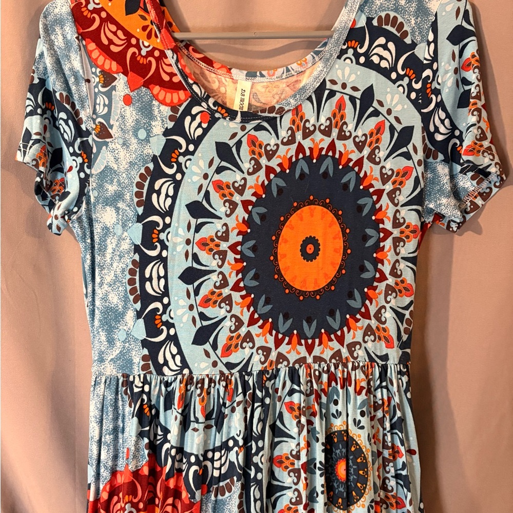 DB Moon Women's M Long Geometric Dress Blue Orange Short Sleeve Round Neck
